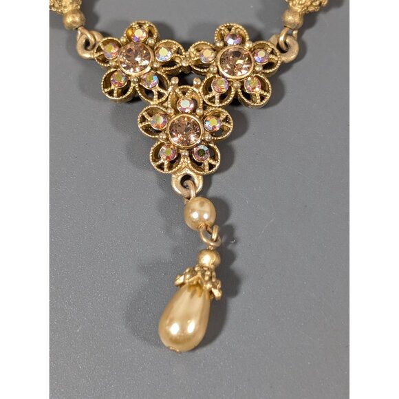 1928 Golden Aurora Borealis Faux Pearl Flower Y-Drop Necklace 19" Elegant - Picture 4 of 11